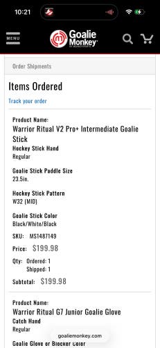 Junior Warrior Ritual V2 Pro+ Regular Goalie Stick 23.5" Paddle (Used)