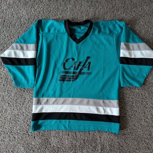 ADULT MENS SMALL TEAL HOCKEY JERSEY WITH BLACK WHITE AND GREY TRIM LIKE NEW