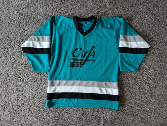ADULT MENS SMALL TEAL HOCKEY JERSEY WITH BLACK WHITE AND GREY TRIM LIKE NEW