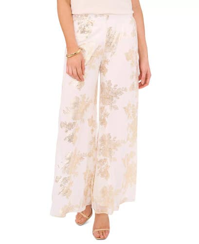 Msk Pants Women's L Ivory Gold Floral Glitter Chiffon Wide Leg Cocktail PALL233