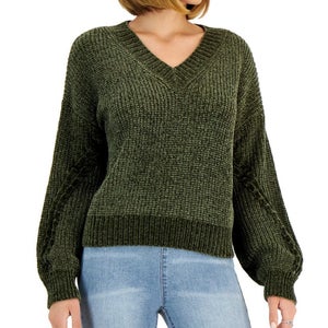 Hippie Rose Chenille Sweater Women Small Green Cable Knit Balloon Sleeve PALL237