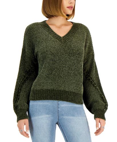 Hippie Rose Chenille Sweater Women Small Green Cable Knit Balloon Sleeve PALL237