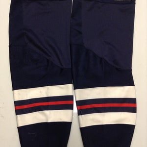 CCM EDGE CUSTOM HOCKEY SOCKS HARTFORD WOLFPACK NAVY BLUE PRO STOCK AHL X-LARGE XL USED (1938)