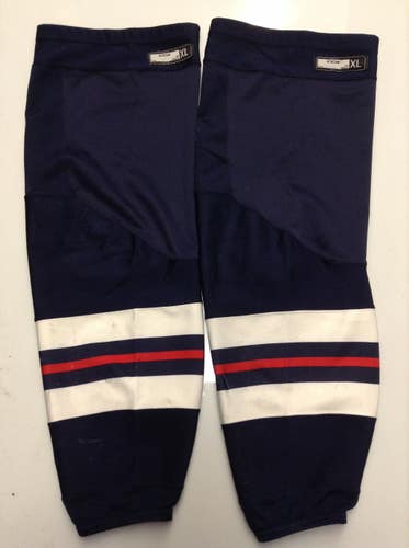 CCM EDGE CUSTOM HOCKEY SOCKS HARTFORD WOLFPACK NAVY BLUE PRO STOCK AHL X-LARGE XL USED (1938)