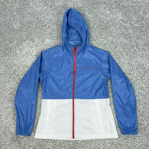 Columbia Jacket Womens Small Blue White Hooded Full Zip Windbreaker Colorblock