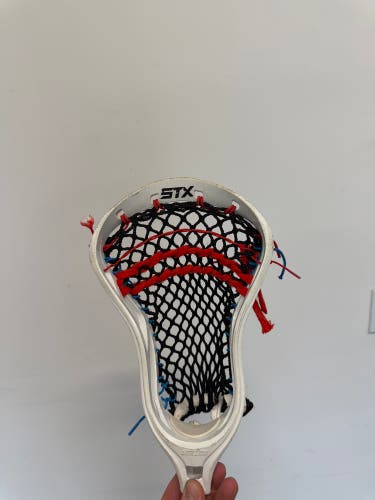 STX Stallion Strung Lacrosse Head White/Black Mesh Red & Blue Strings