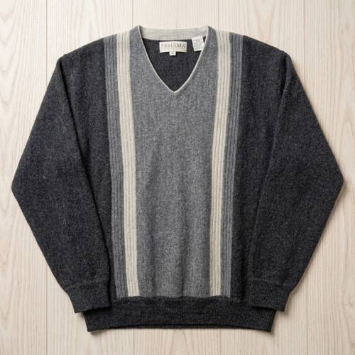 Tehama Baby Alpaca Wool Sweater Mens M V-Neck Colorblock Quiet Luxury Knit