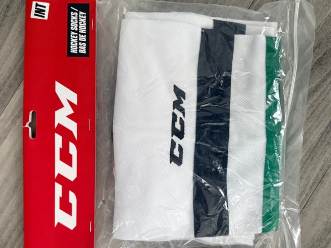 White Intermediate Medium CCM Edge Socks (New) (Dallas Away)