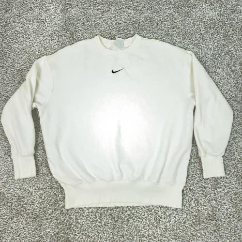 Nike Sweatshirt Womens Small White Crewneck Fleece Center Swoosh Logo Oversized