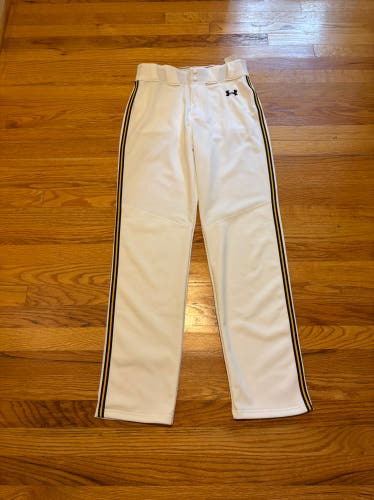 White Men's Small Adult Under Armour Game Pants, Black and Gold Piping (New)