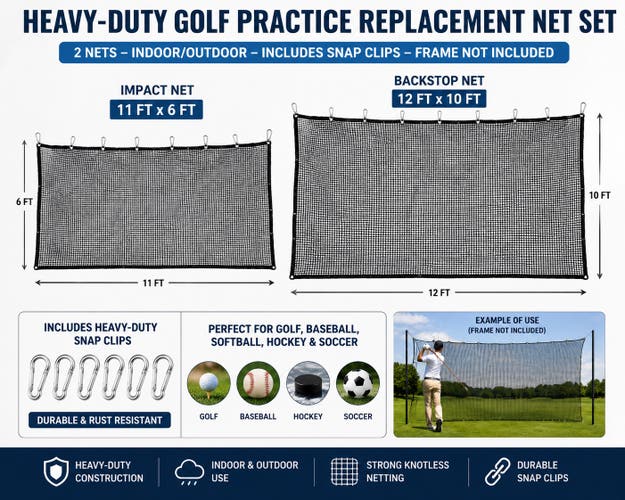 Heavy-Duty Golf Practice Impact & Backstop Net Set – 11’ × 6’ + 12’ × 10’ Replacement Nets