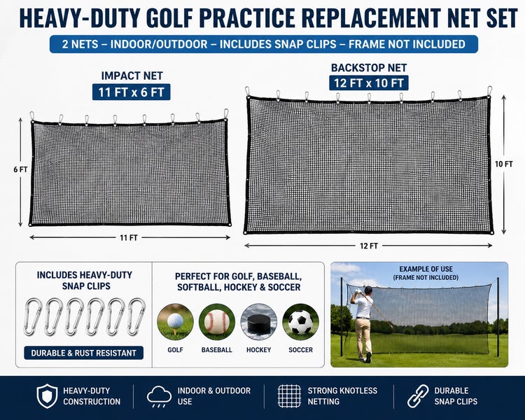 Heavy-Duty Golf Practice Impact & Backstop Net Set – 11’ × 6’ + 12’ × 10’ Replacement Nets