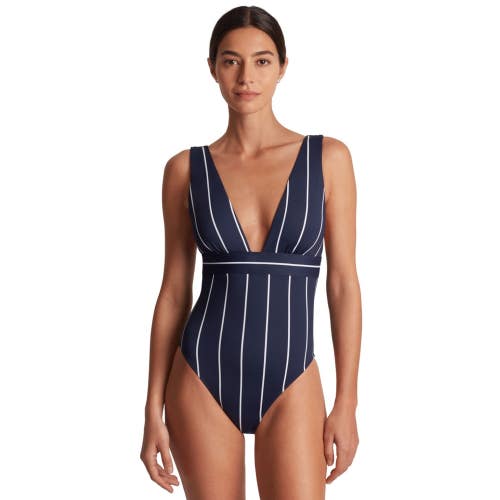 Lauren Ralph Lauren Swimsuit Womens 12 Dark Navy Stripe V-Neck One-Piece KFC1147