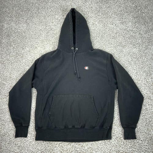 Champion Hoodie Mens Large Black Reverse Weave Pullover Sweatshirt Fleece Logo