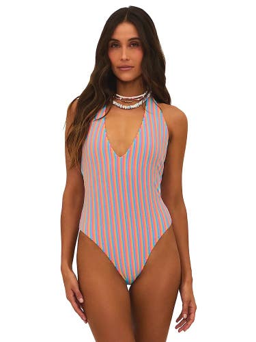 Beach Riot Frida Swimsuits Women's Small Petal Stripes Stretch One-Piece KFC1194