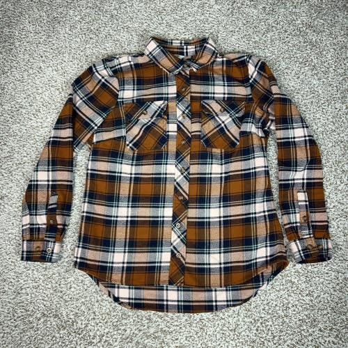 Duluth Trading Co Shirt Womens Medium Brown Plaid Flannel Heavy Button Top Cabin