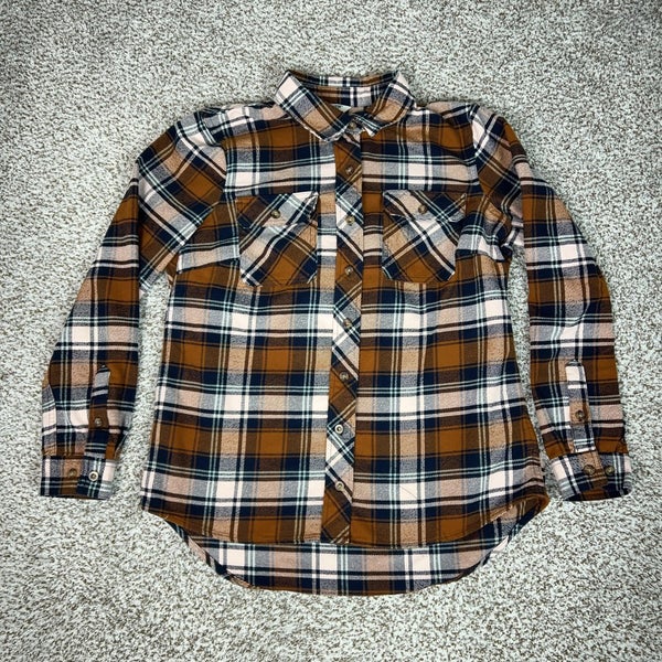 Duluth Trading Co Shirt Womens Medium Brown Plaid Flannel Heavy Button Top Cabin