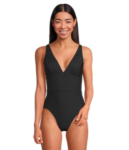 Tommy Bahama Ocean Point Swimsuit Women 10 Black Plunge V-Neck One-Piece KFC1182