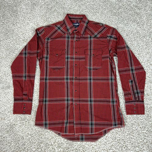 Vintage Wrangler Shirt Mens XL Red Plaid Snap USA X Long Tails Western Cowboy