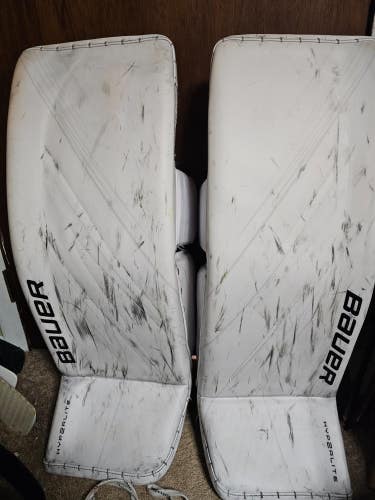 LARSSON Penguins BAUER HYPERLITE 2 White Game Worn Goalie Leg Pads Senior 35 +1