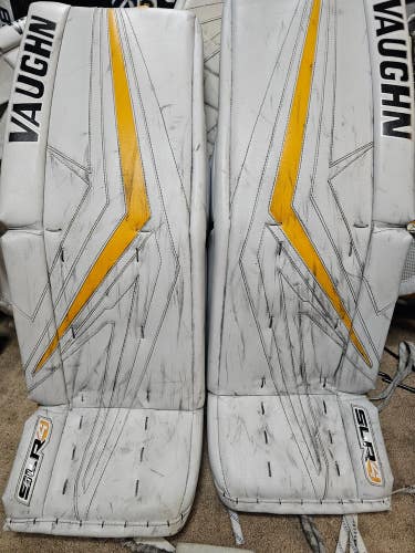 NED Penguins Vaughn SLR4 White Yellow Game Worn Goalie Leg Pads Senior 34 +1.5