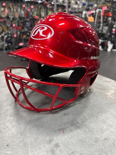 Used Rawlings SOFTBALL HELMET Batting Helmet w/Mask Red MD 11337-S000495599