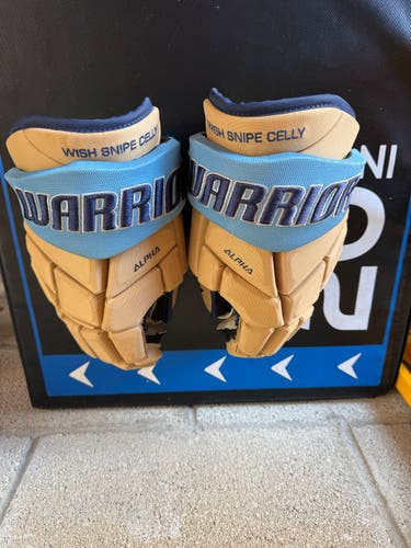 14" Warrior Alpha Pro Stock Hockey Gloves - Tan/Blue - Wish Cup/Wish. Snipe. CELLY!