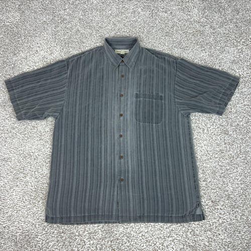 Tommy Bahama Shirt Mens Large Gray Stripe 100% Silk Short Sleeve Beach Casual