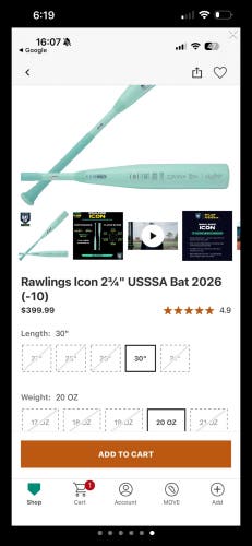 2026 Rawlings Icon Composite USABat Certified Bat (-10) 20 oz 30" (New)