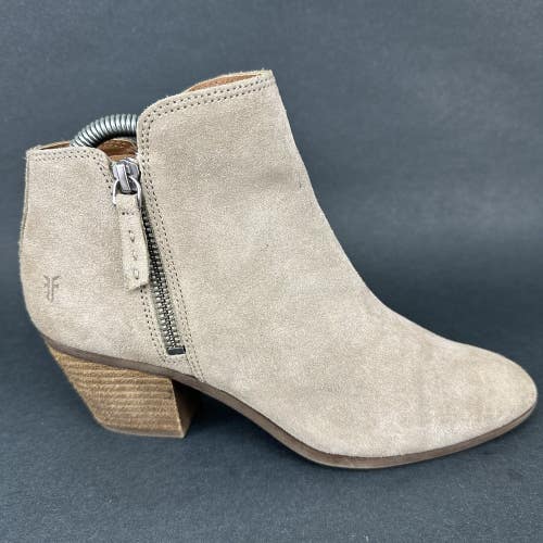 FRYE Ash Beige Suede Judith Ankle Bootie Heeled Side Zip Women's Size 6.5 M