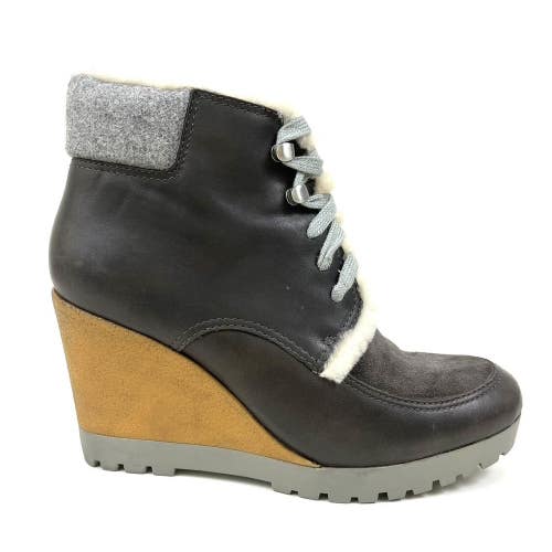 Cole Haan Henson Waterproof Leather Wedge Bootie Size 8 B Gray Genuine Fur Trim
