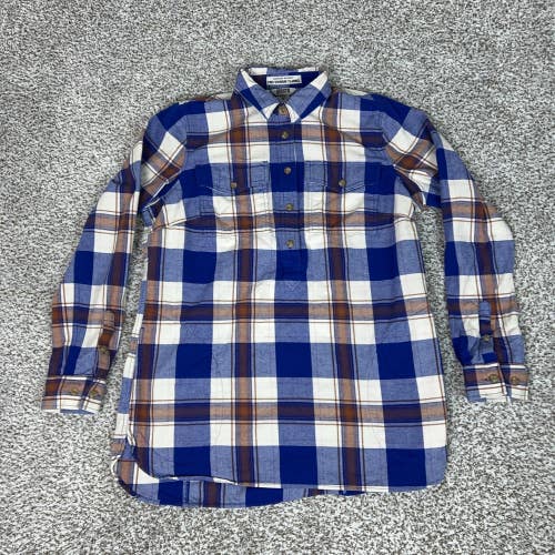 Duluth Trading Co Shirt Womens Medium Blue Plaid Free Swingin Flannel Cabin Top