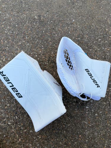 White Intermediate Bauer Supreme M5 Pro Goalie Gloves & Blockers Full Right (New)