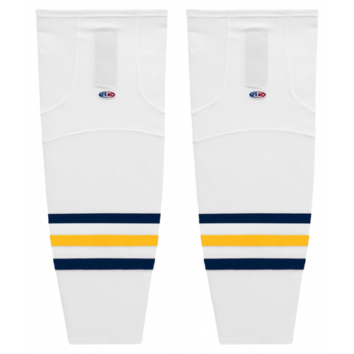 Athletic Knit HS2100-767 White/Navy/Tuscan Gold Cut&Sew Mesh Ice Hockey Socks - Intermediate 25"