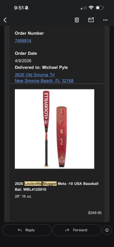2026 Louisville Slugger Meta Power USABat Certified Bat (-10) 18 oz 28" (Used)