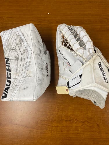White Intermediate Vaughn Velocity VX1 Goalie Gloves & Blockers Regular (Used)