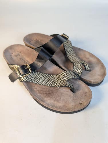 Mephisto Helen Womens EU 40 US 10 Footbed Sandals Black Gold Snake Skin Print