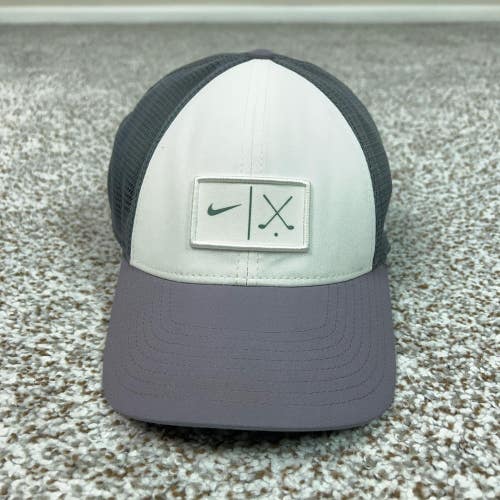 Nike Golf Hat Cap Fitted Mens Medium Large White Gray Purple Mesh Trucker Patch