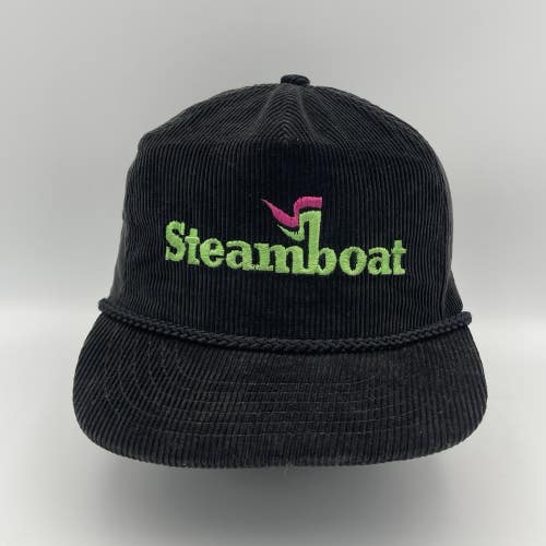 Vintage Steamboat Colorado Ski Hat Corduroy Black Green Strapback Rope Cap EUC