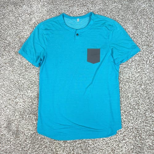 Lululemon Shirt Mens Medium Blue Short Sleeve Henley Athletic Workout Sports Gym