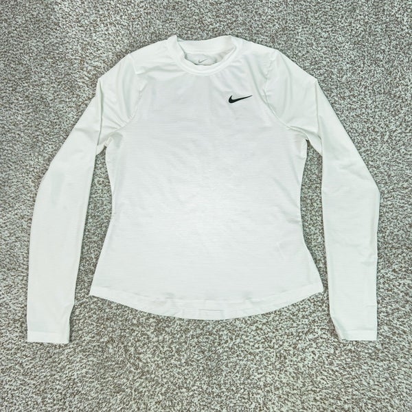 Nike Shirt Womens Medium White Dri FIT Running Slim Fit Thumbhole Workout Gym