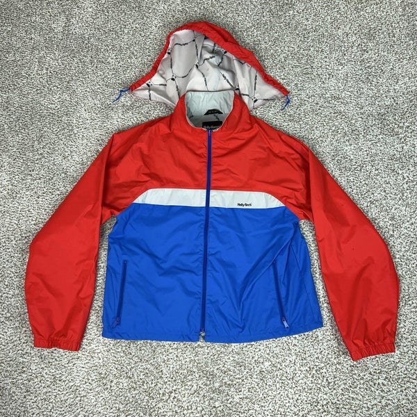 Vintage Helly Hansen Jacket Mens XL Red Blue Tech Hooded Rain Windbreaker Gorp