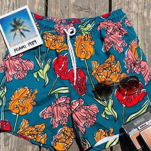 Floral Swim Men's M Floral Swim Trunks Teal Botanical Retro Summer Y2K Vacation