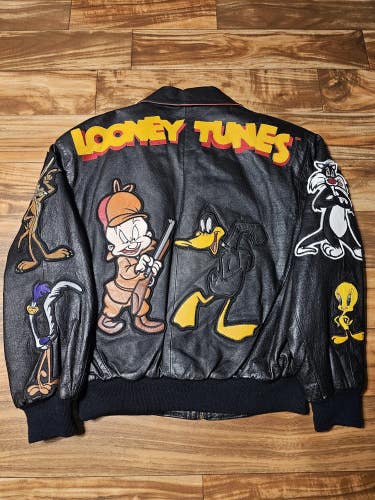 Vintage Looney Tunes Warner Bros Bugs Bunny Taz 100% Leather Jacket Coat Sz Med