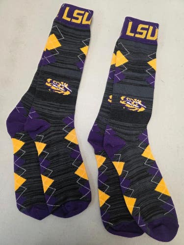 ST24 Mens NCAA LSU Tigers LOUISIANA STATE Crew Socks Lot of 2 Pair Large 8-13