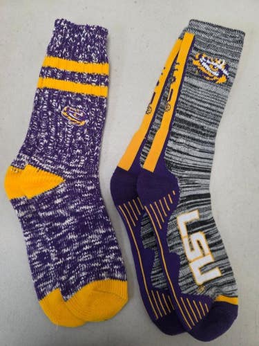 ST26 Mens NCAA LSU Tigers LOUISIANA STATE Crew Socks Lot of 2 Pair Large 8-13