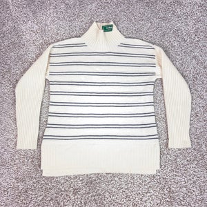 LL Bean Sweater Womens Petite Small Cream Blue Striped Wool Blend Turtleneck