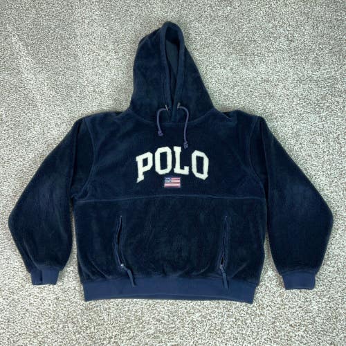 Vintage Polo Sport Ralph Lauren Hoodie Men XL Navy Fleece USA Flag Logo Pullover