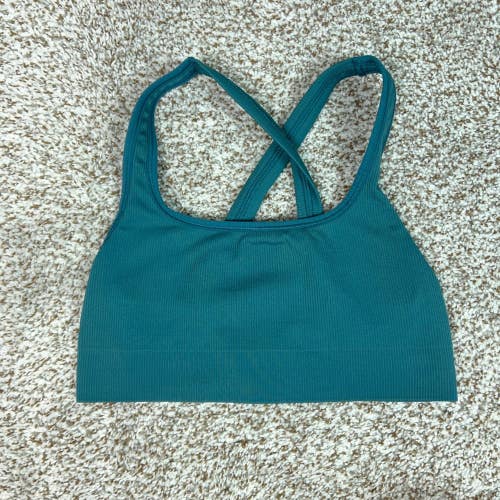 Athleta Sports Bra Womens Small Blue Ribbed Cross Back Pullover Running Gym Logo
