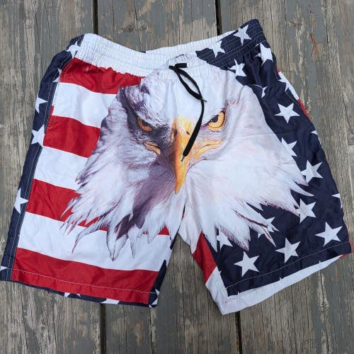 American Flag Bald Eagle Swim Trunks Mens XL Patriotic Frat Boy Summer